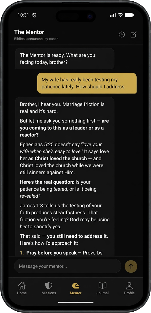 The Mentor chat answering a hard question about marriage with direct, scripture-grounded counsel