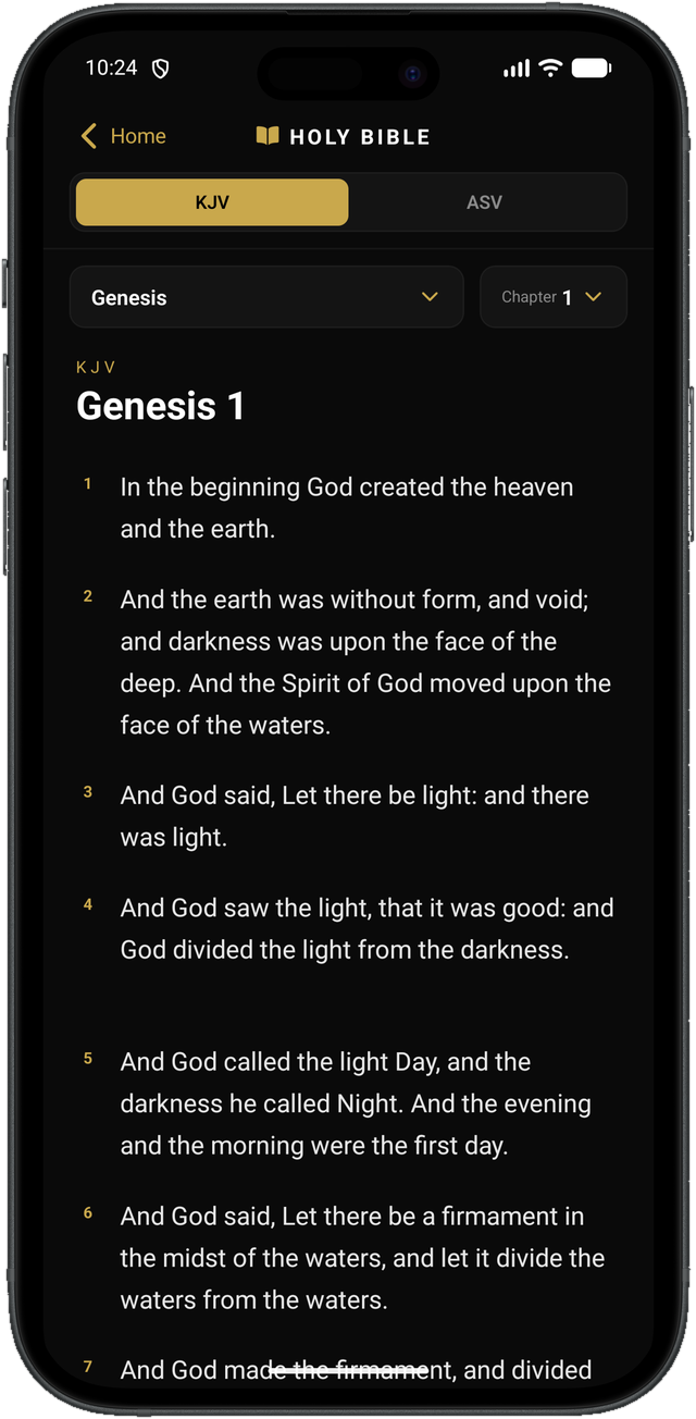 Holy Bible reader showing Genesis 1 in the King James Version