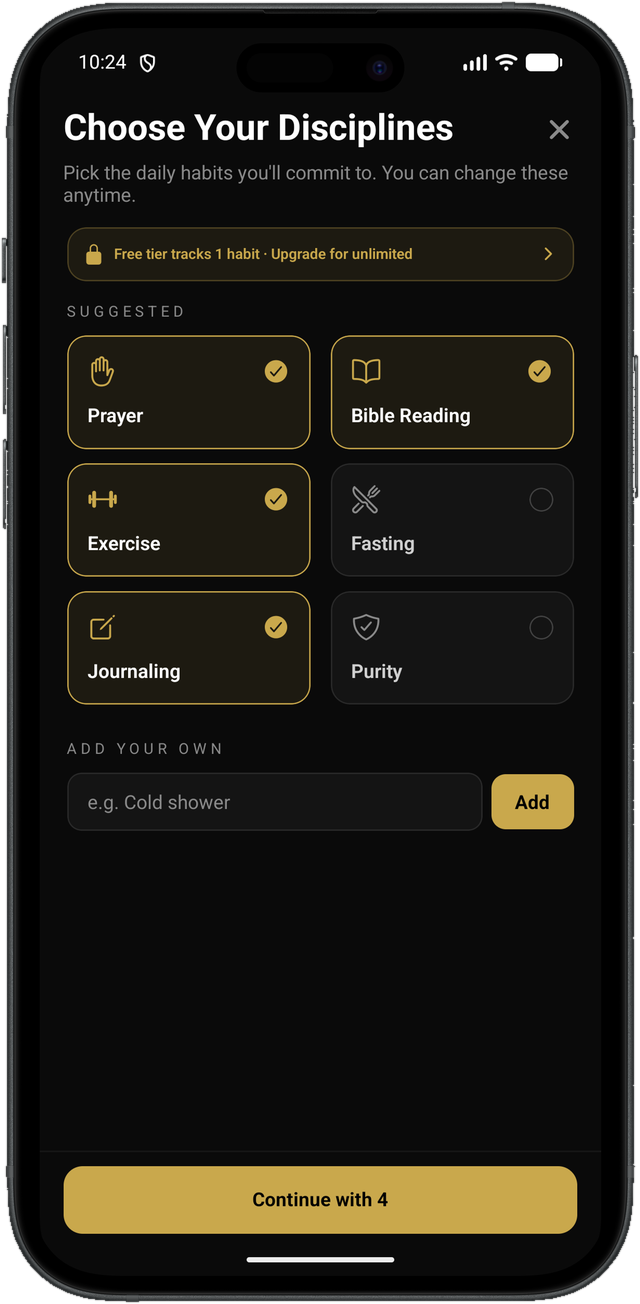 Choose Your Disciplines screen with prayer, Bible reading, exercise, and journaling selected