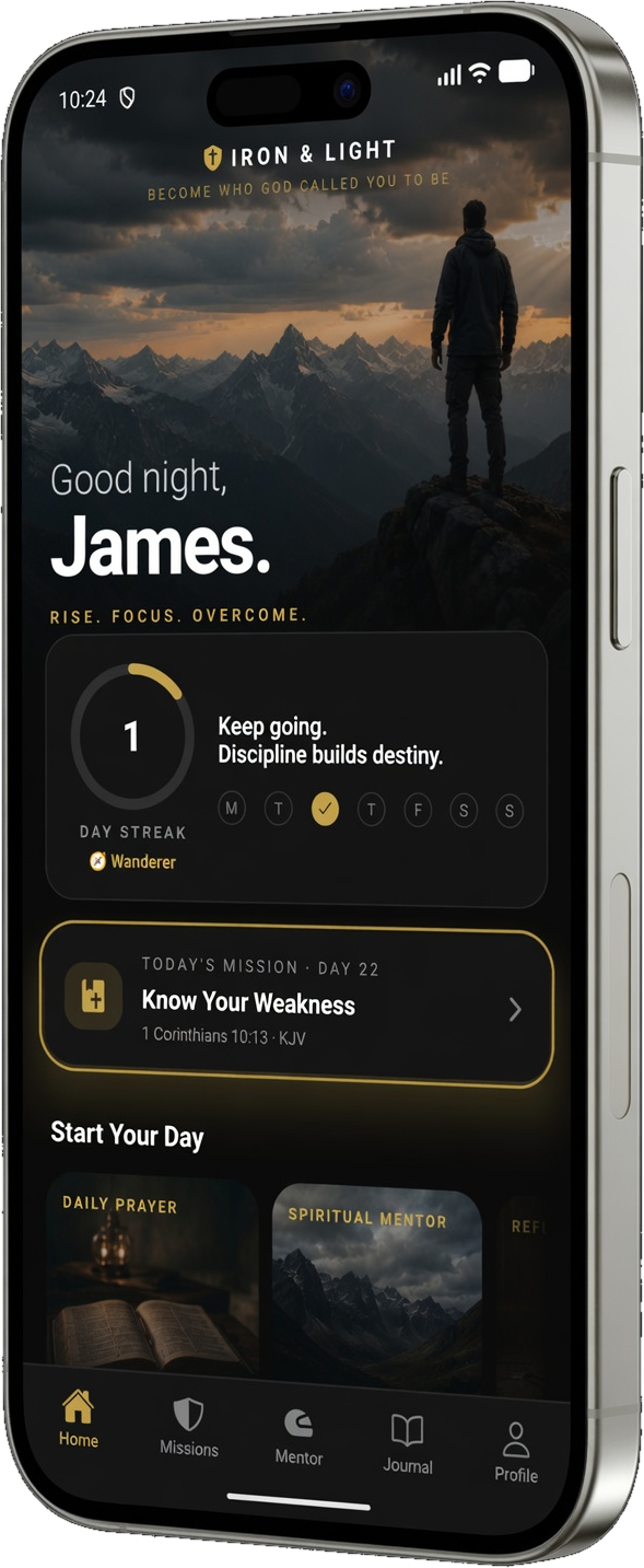 Iron & Light home screen showing a day streak, today's mission, and daily prayer cards